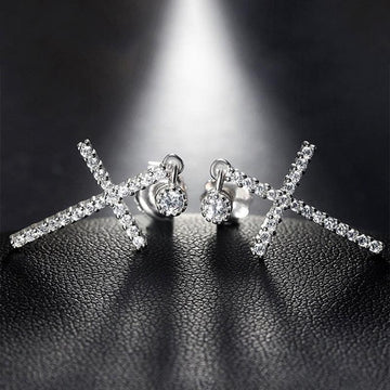 BEST GIFTS - Luxury Inlay AAA+ Cubic Zirconia Diamonds Delicate Silver Color Cross Earrings - The Jewellery Supermarket